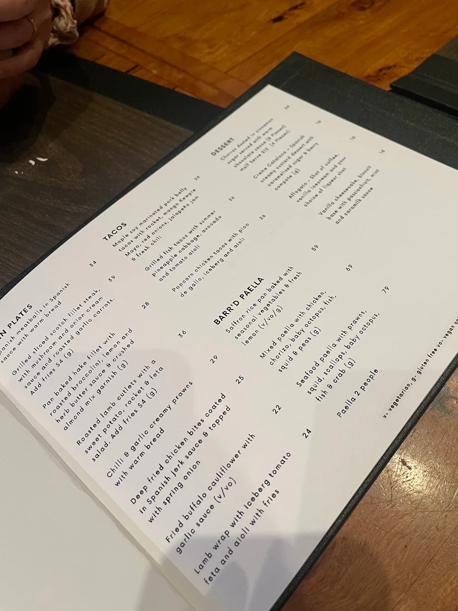 Menu, Barr'd Tapas Bar