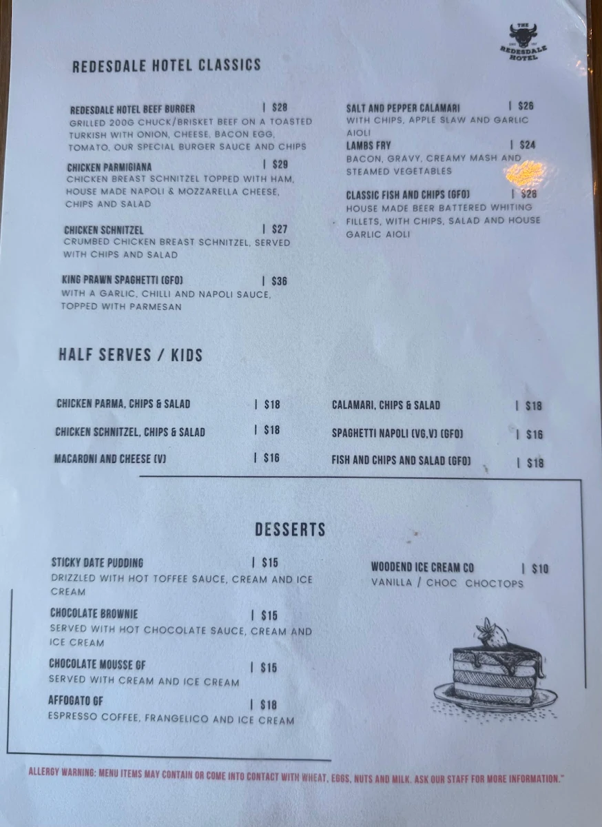 Menu, The Redesdale Hotel