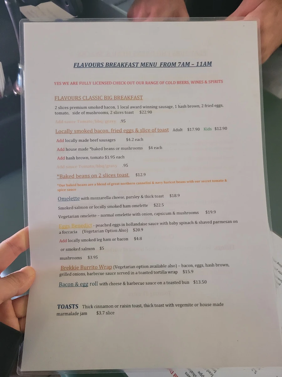 Menu, Flavours Cafe