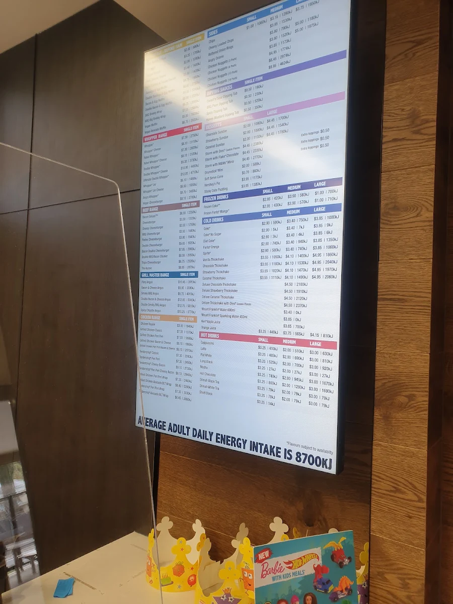 Menu, Hungry Jack's Burgers Firle
