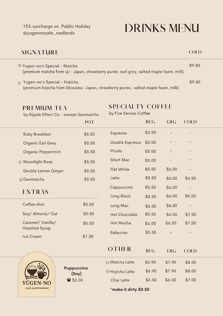 Menu, Yūgen-no Café - Nedlands
