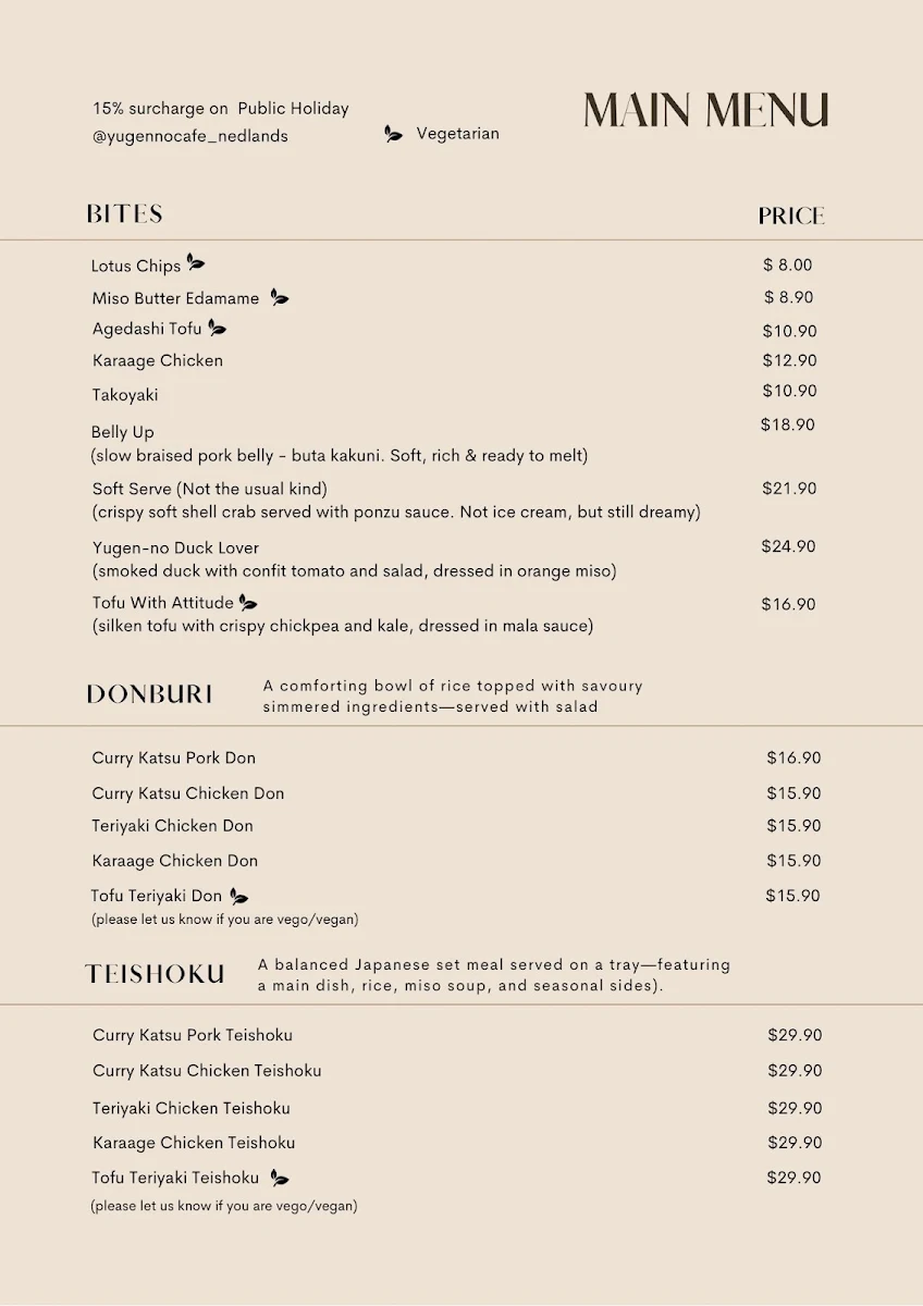 Menu, Yūgen-no Café - Nedlands