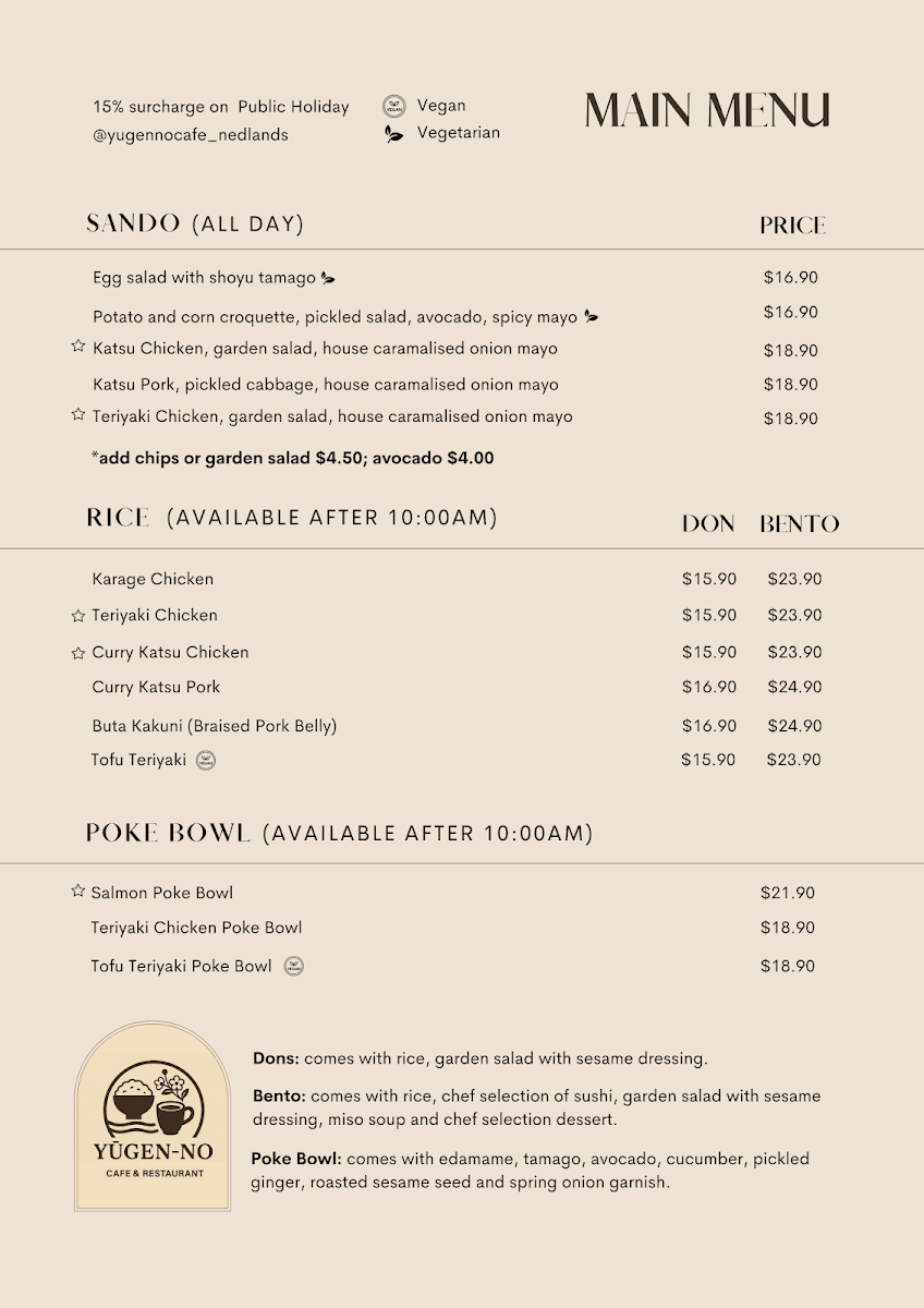 Menu, Yūgen-no Café - Nedlands