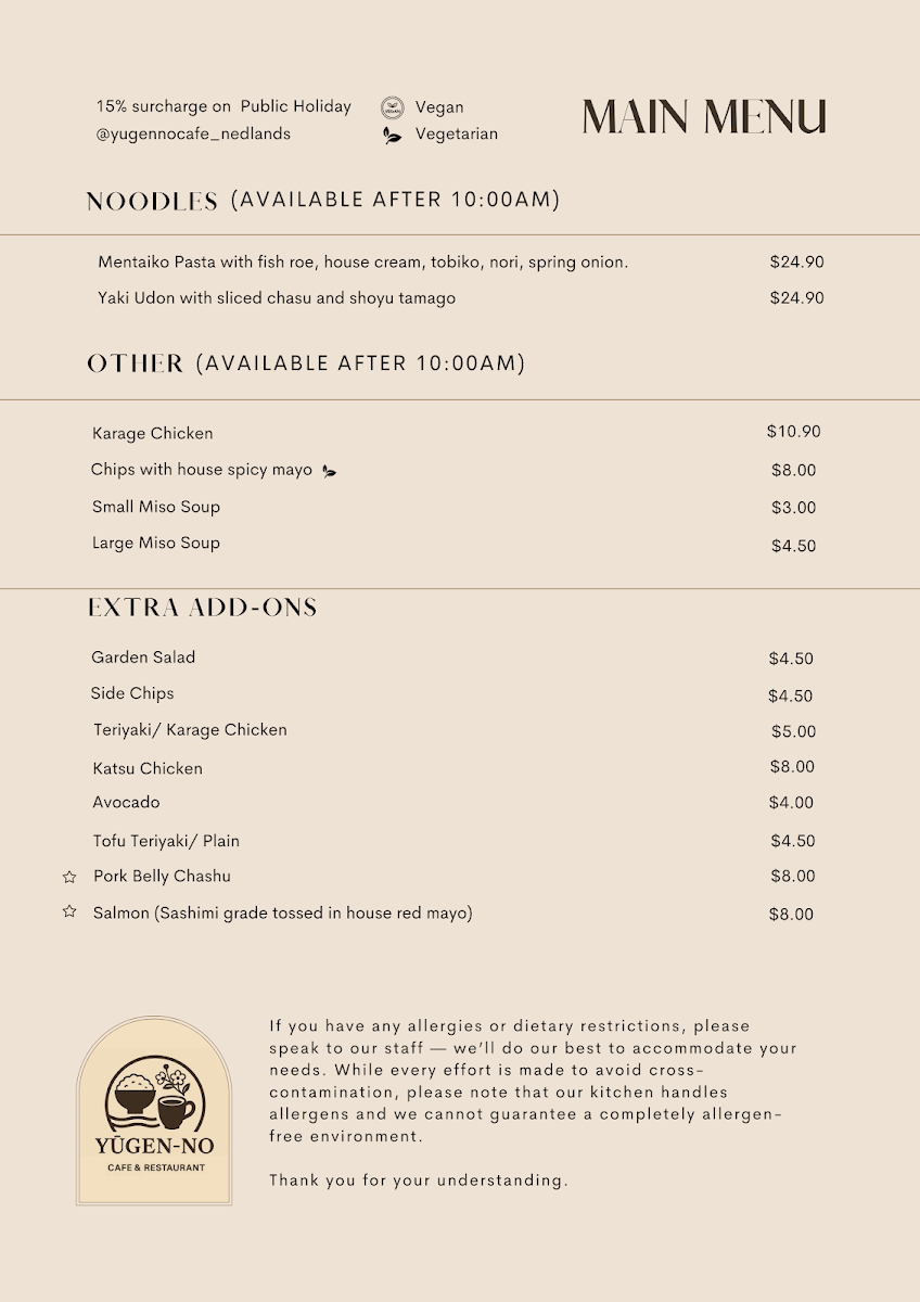 Menu, Yūgen-no Café - Nedlands