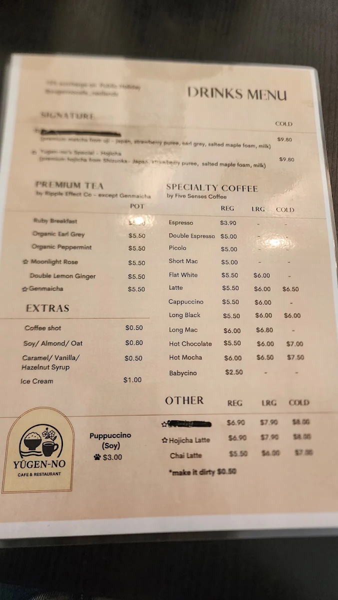 Menu, Yūgen-no Café - Nedlands