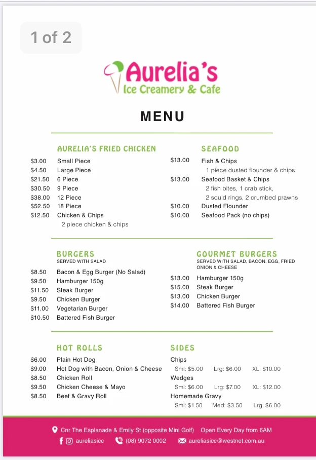 Menu, Aurelia's Ice Creamery and Cafe