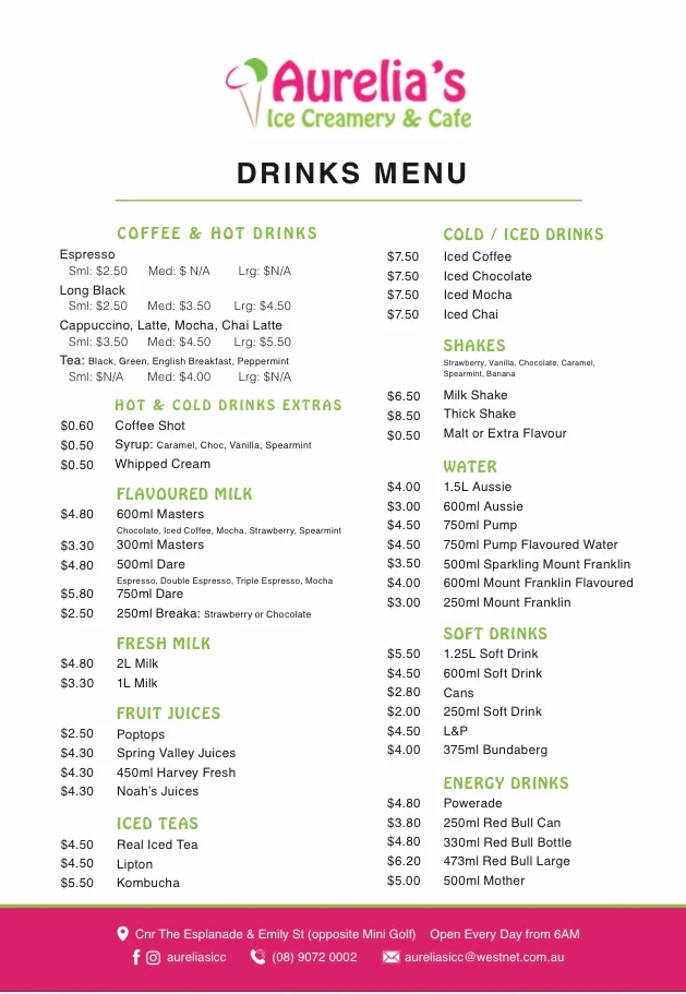 Menu, Aurelia's Ice Creamery and Cafe