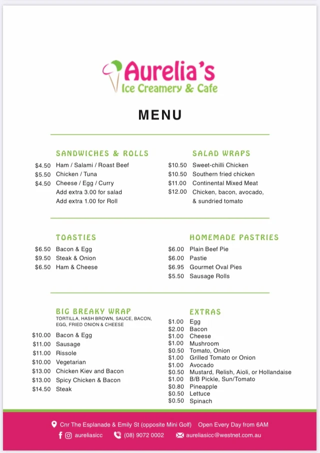 Menu, Aurelia's Ice Creamery and Cafe