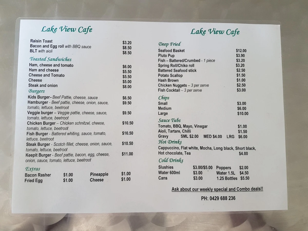 Menu, Lake Keepit Kiosk