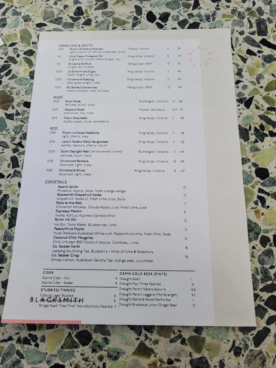 Menu, Blacksmith Provedore