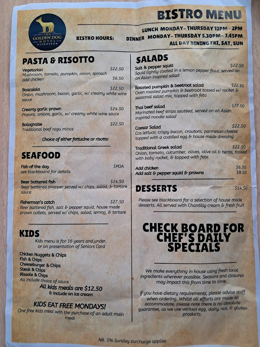Menu, The Golden Dog Hotel