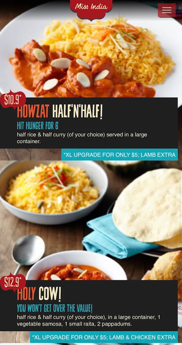 Menu, Miss India Greenslopes