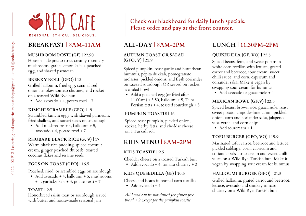 Menu, Red Cafe Bega