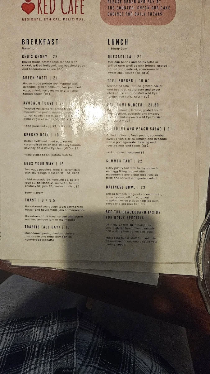 Menu, Red Cafe Bega