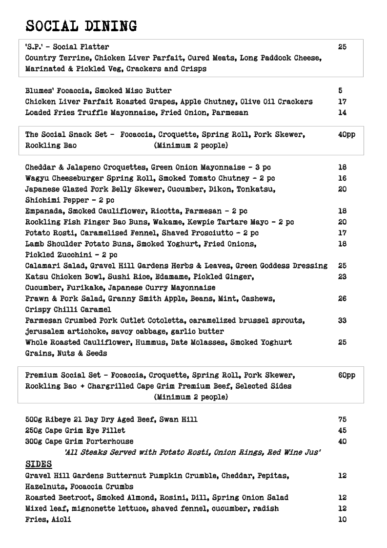Menu, The Social Bar & Eating House Bendigo