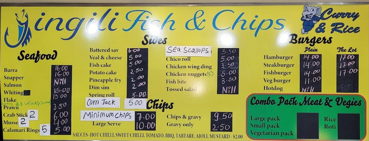 Menu, Jingili Fish and Chips