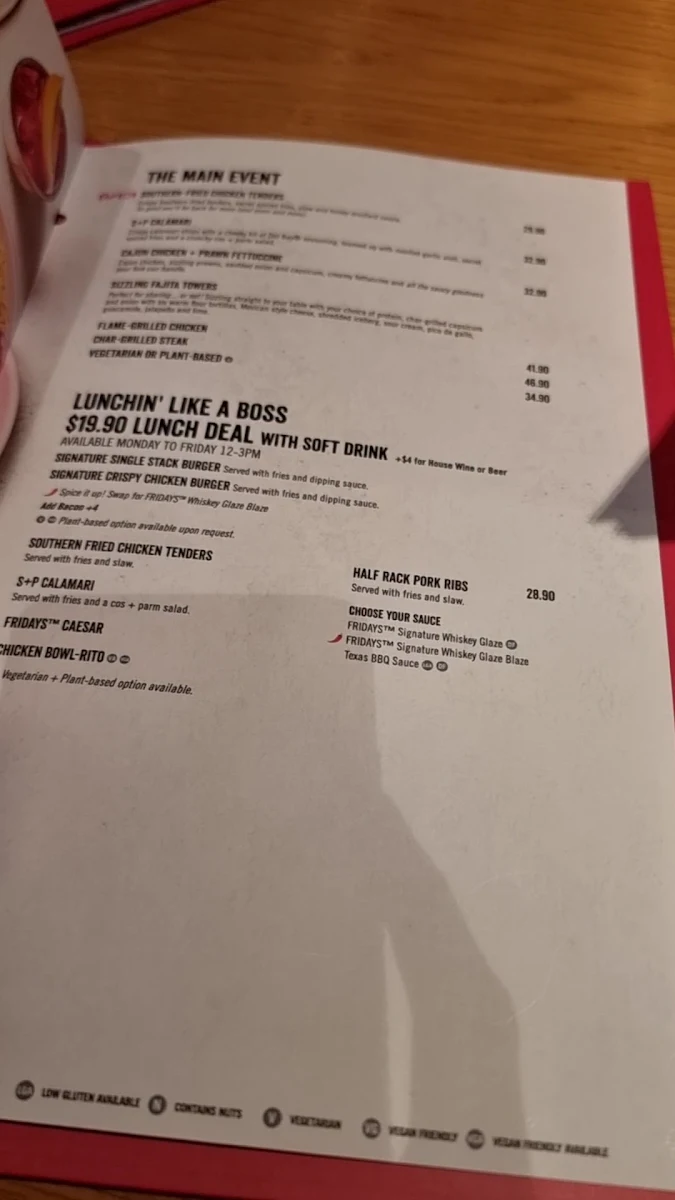 Menu, TGI Fridays Chadstone