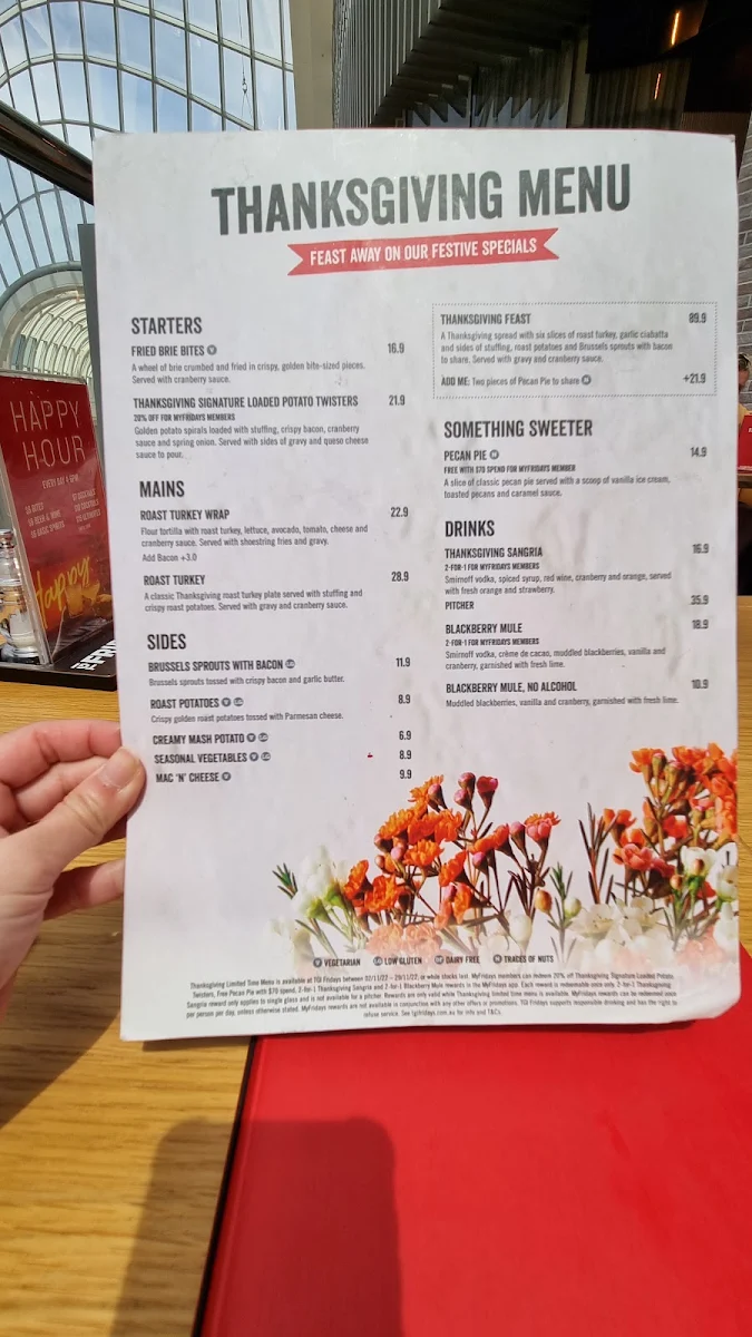 Menu, TGI Fridays Chadstone