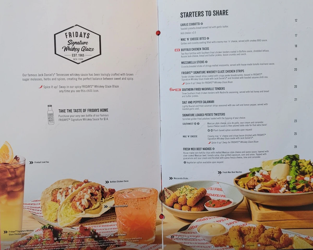 Menu, TGI Fridays Chadstone
