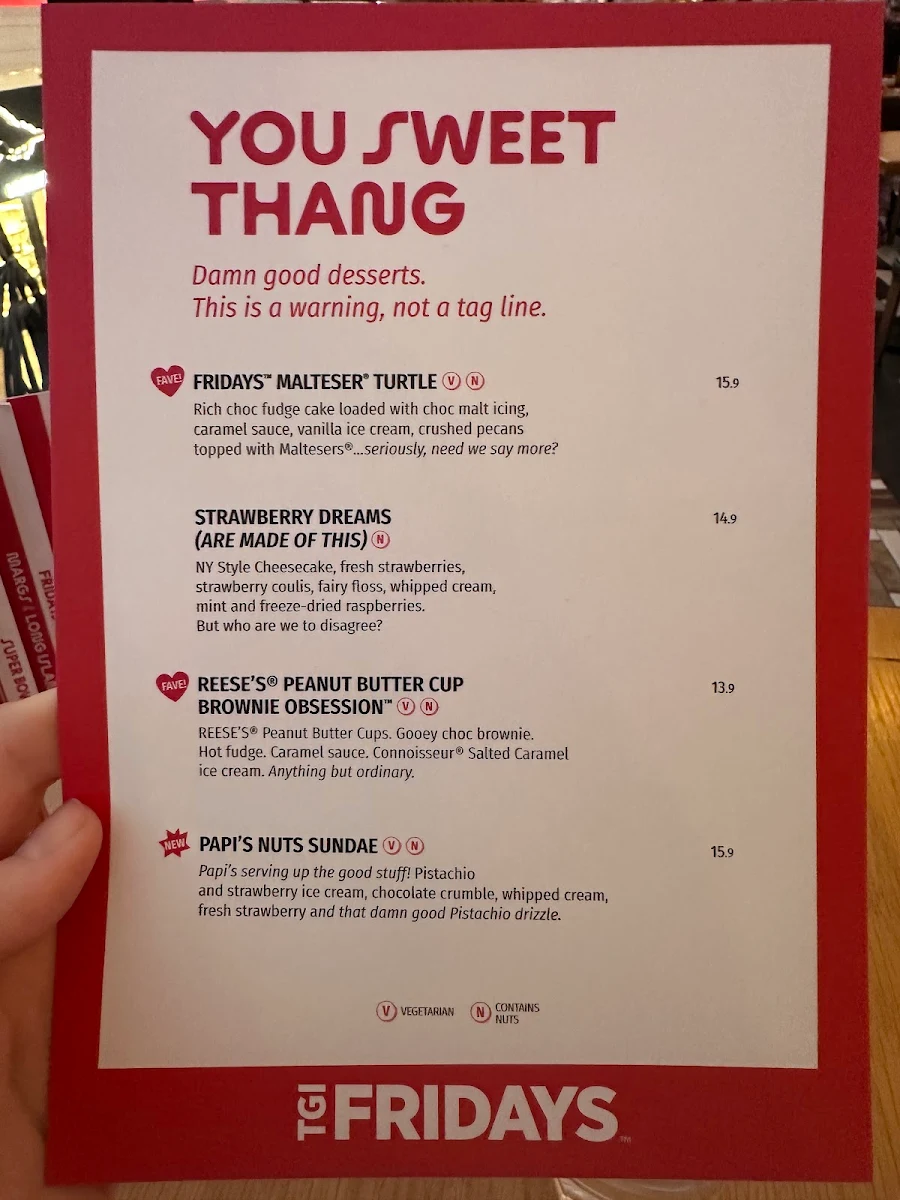 Menu, TGI Fridays Chadstone