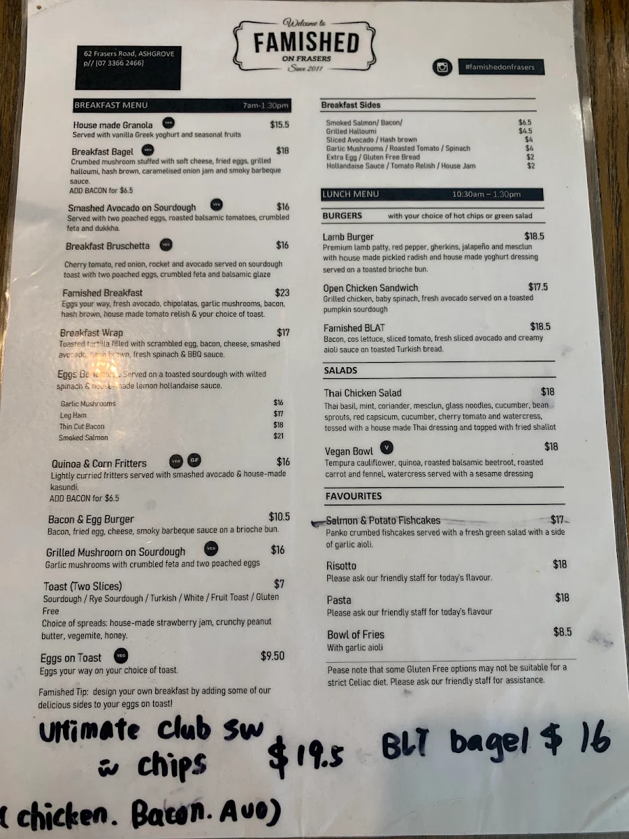 Menu, Famished on Frasers