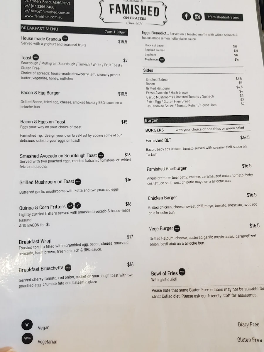 Menu, Famished on Frasers