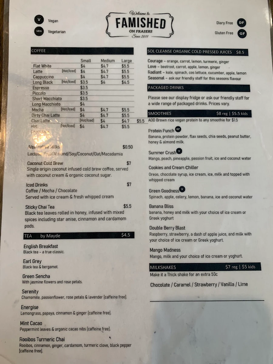 Menu, Famished on Frasers