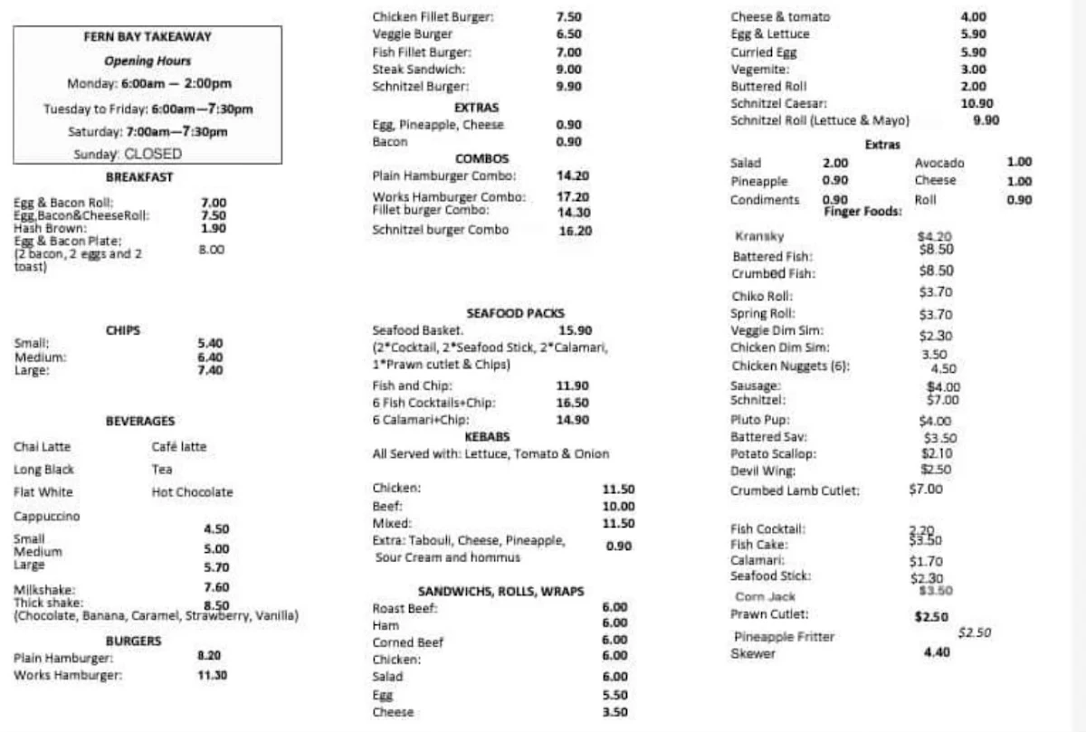 Menu, Fern Bay Takeaway