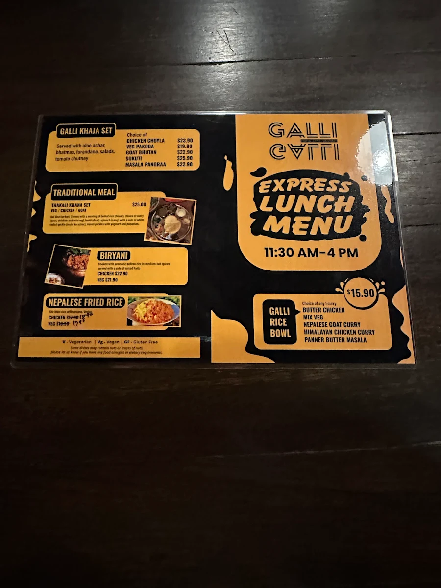 Menu, Galli Galli Nepalese Indian