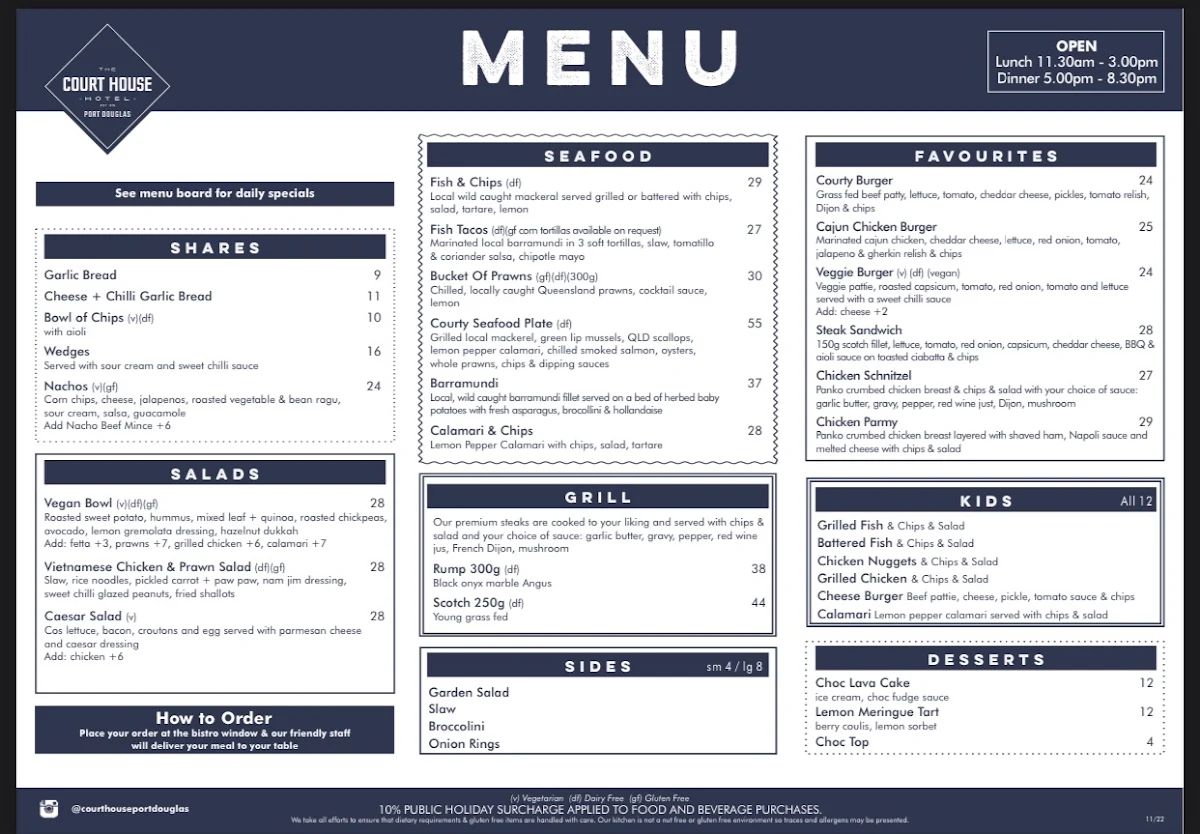 Menu, The Court House Hotel