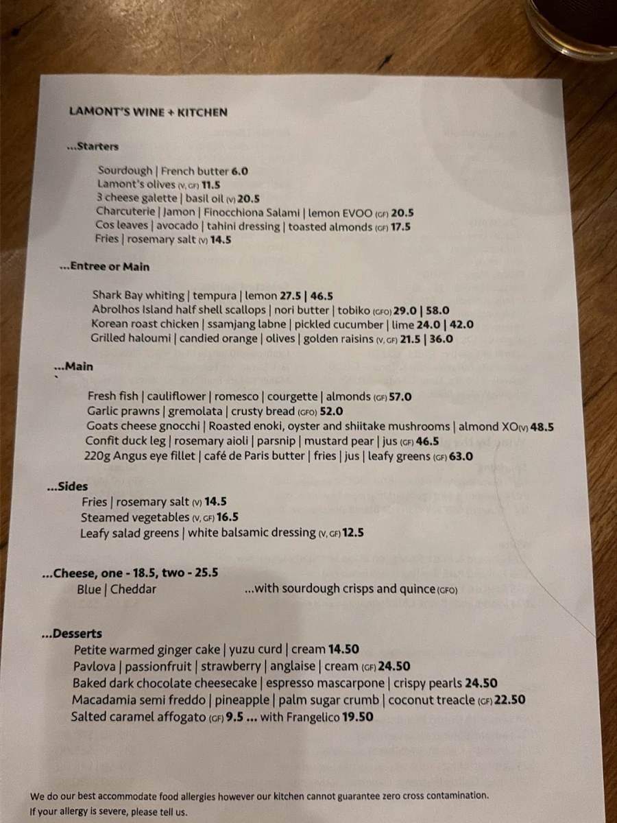 Menu, Lamont’s