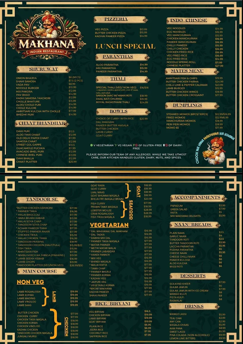 Menu, Makhana Indian restaurant