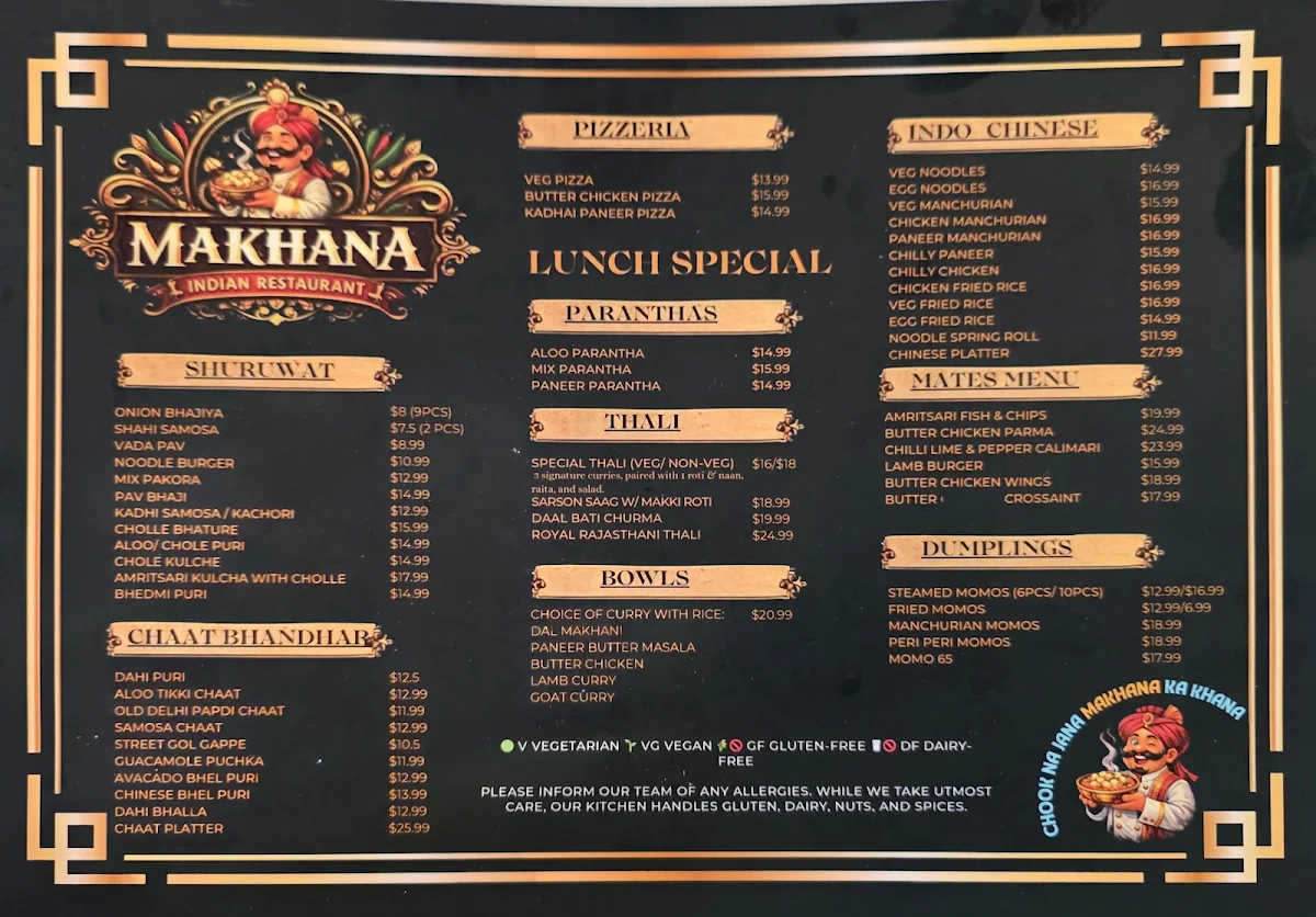 Menu, Makhana Indian restaurant