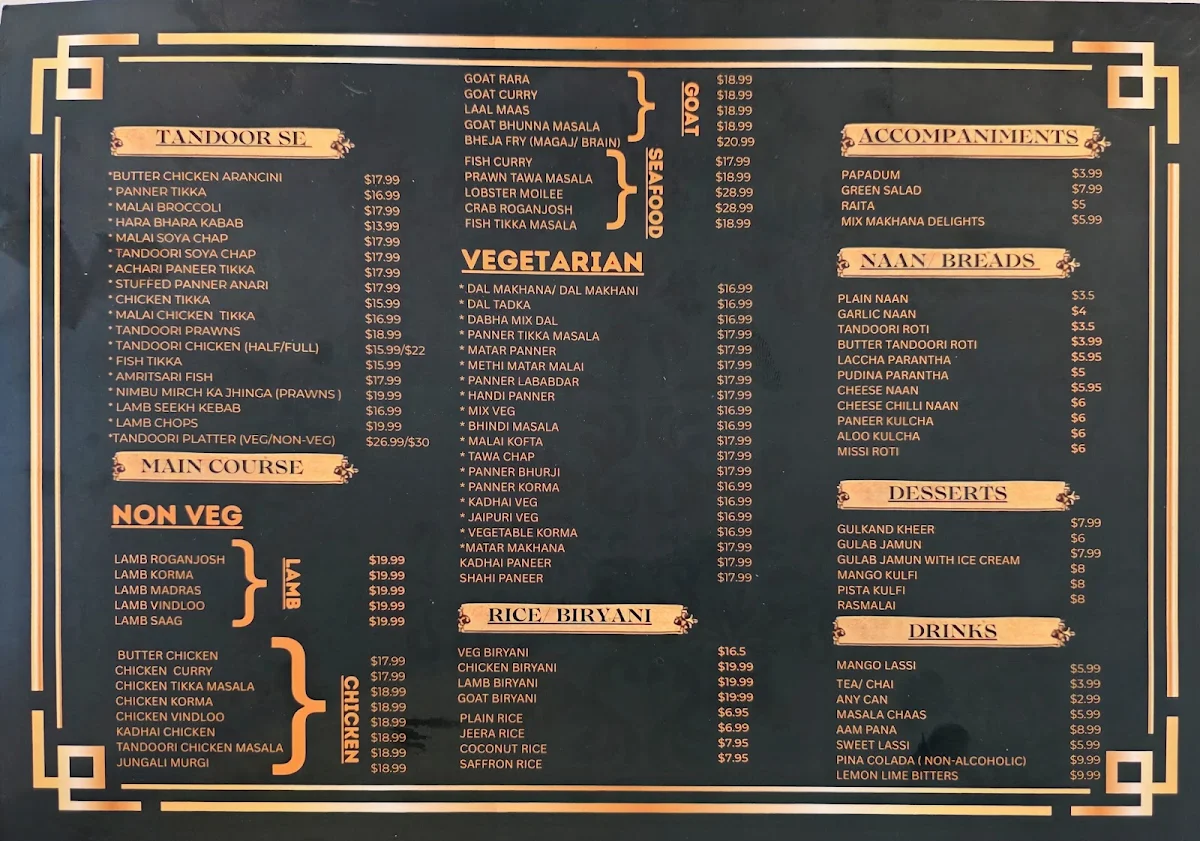Menu, Makhana Indian restaurant