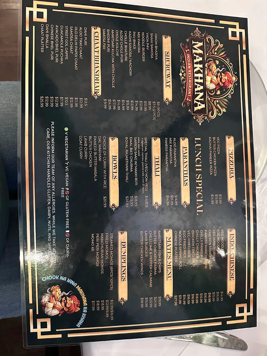 Menu, Makhana Indian restaurant