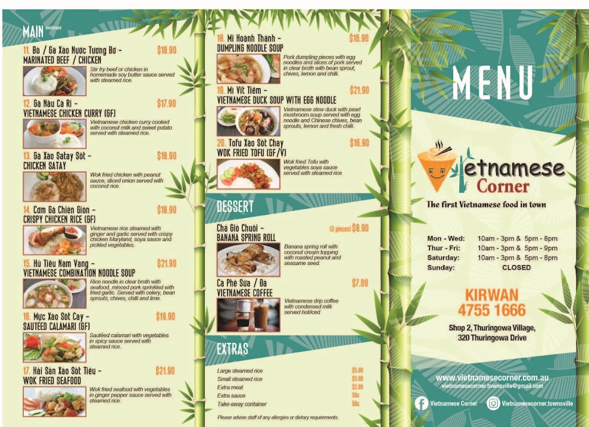 Menu, Vietnamese Corner Kirwan