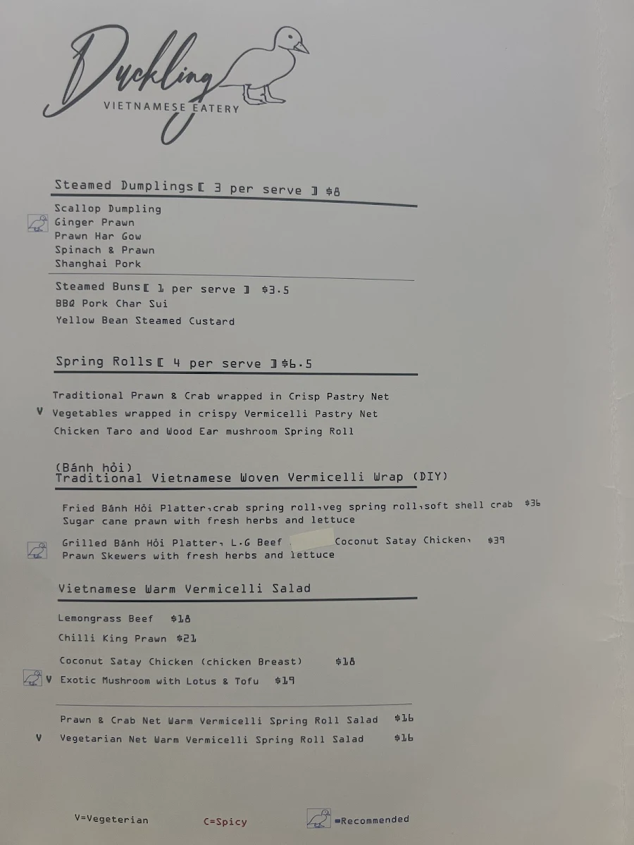 Menu, Duckling Vietnamese