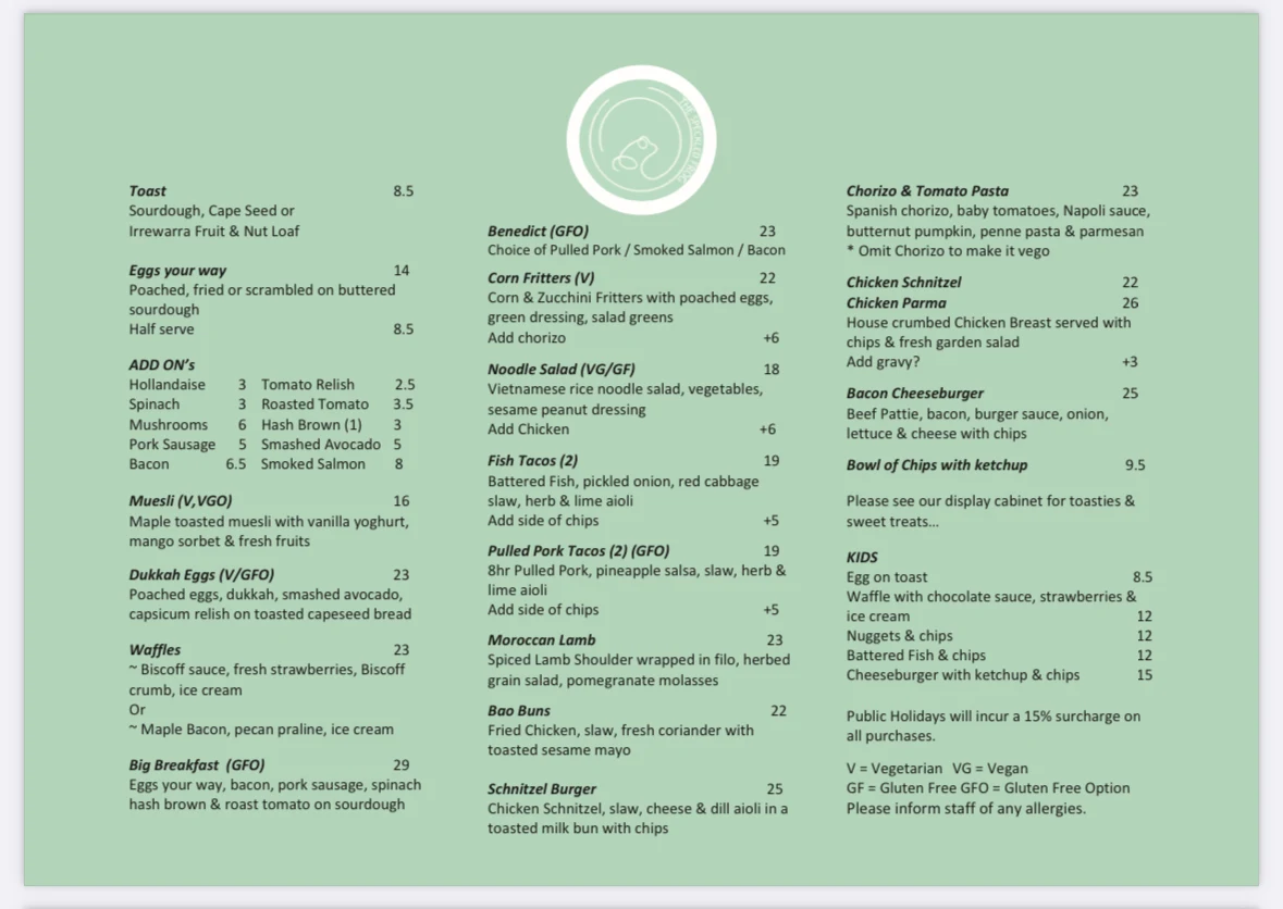 Menu, The Speckled Frog
