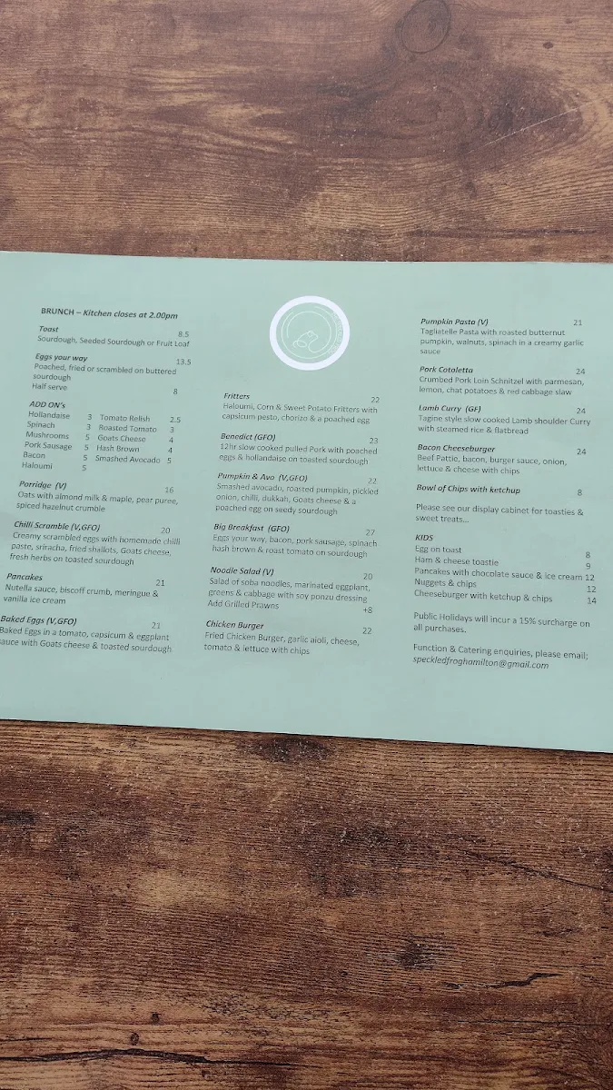 Menu, The Speckled Frog