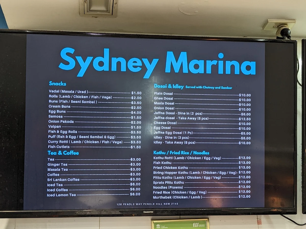 Menu, Sydney Marina Dine In & Take Away