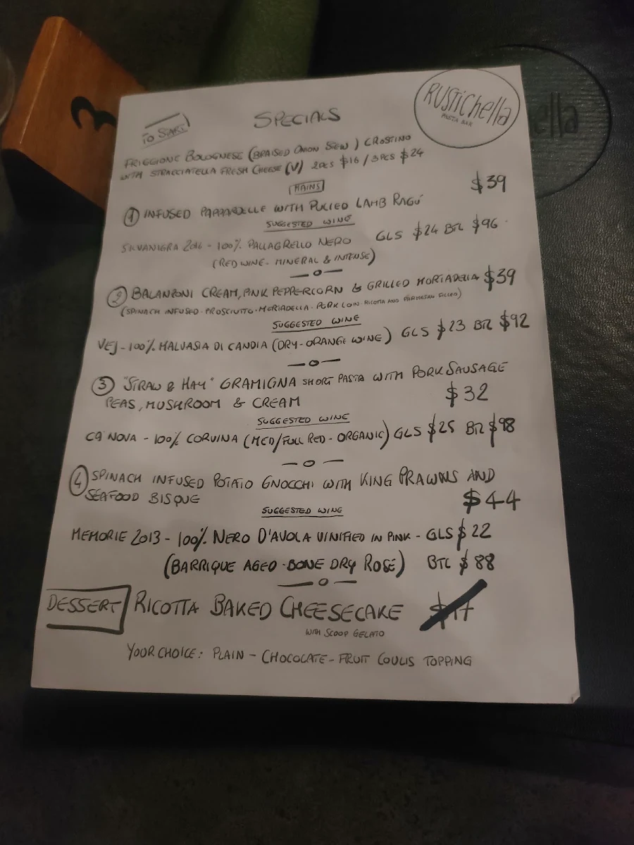 Menu, RUSTICHELLA Pasta Bar