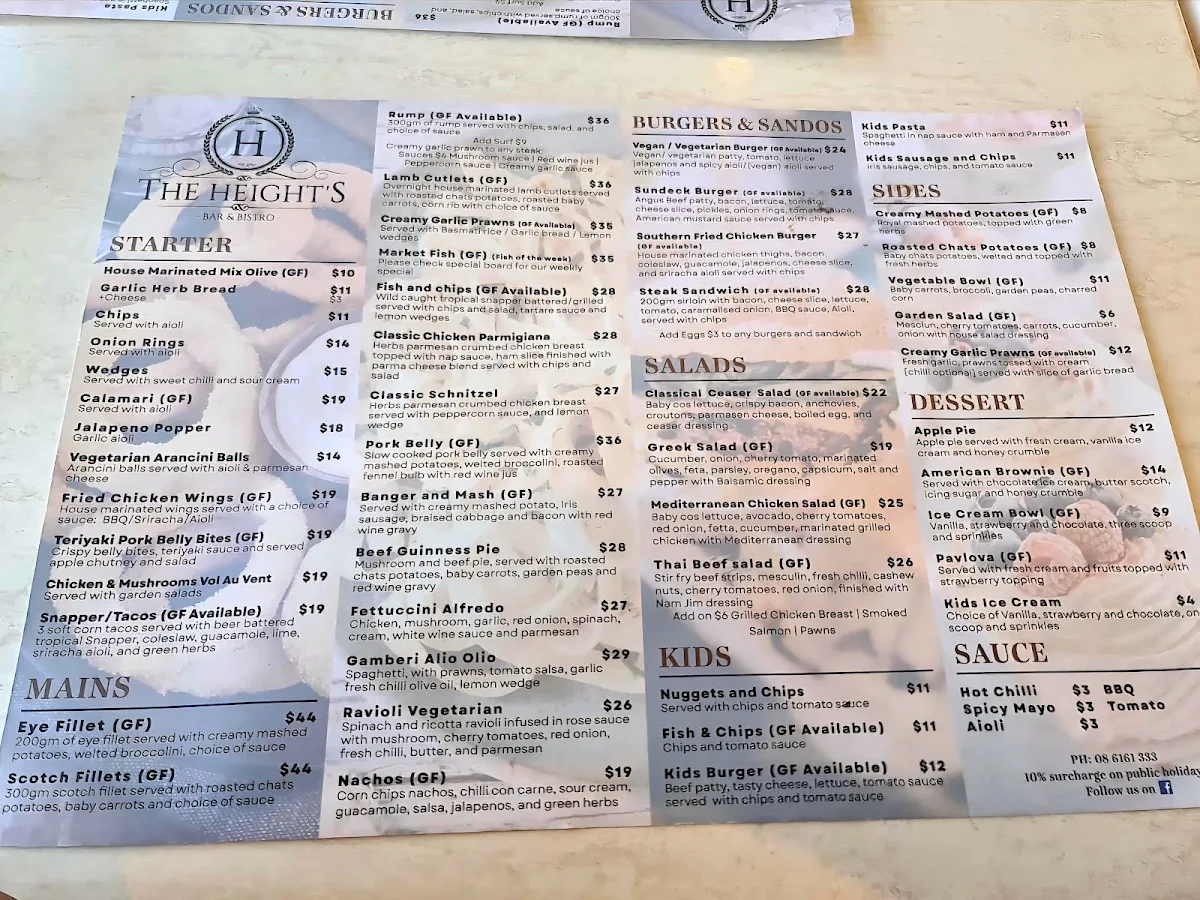 Menu, The Heights Bar & Bistro