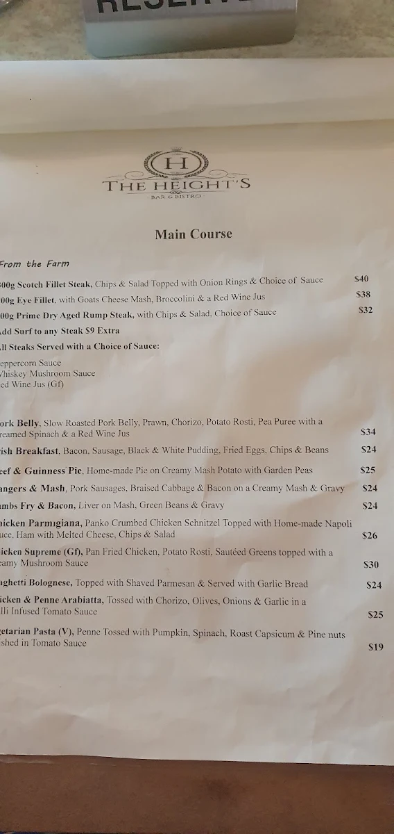Menu, The Heights Bar & Bistro