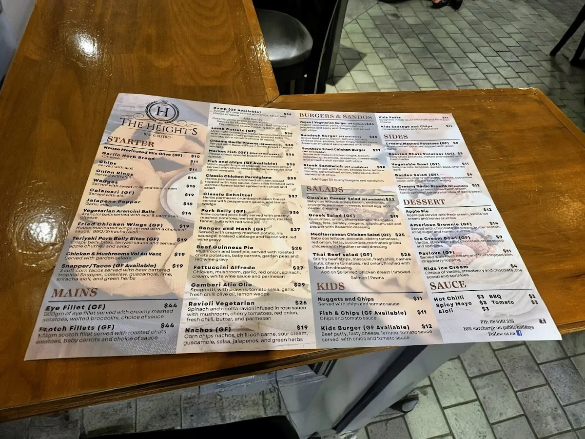 Menu, The Heights Bar & Bistro