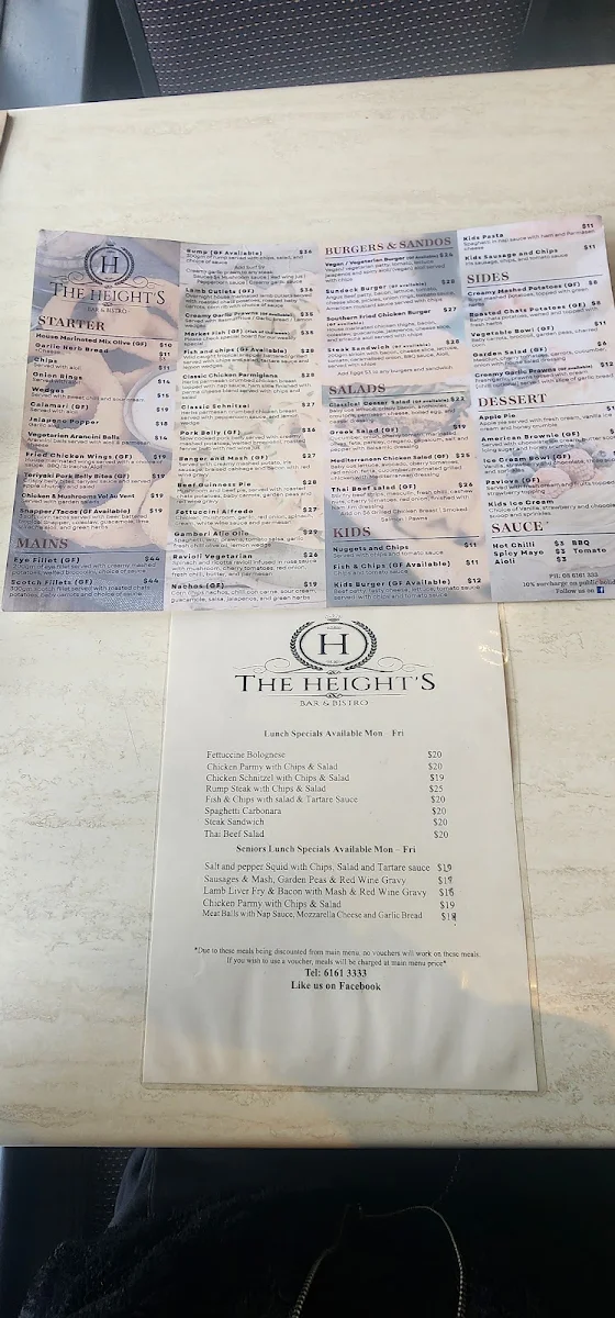 Menu, The Heights Bar & Bistro