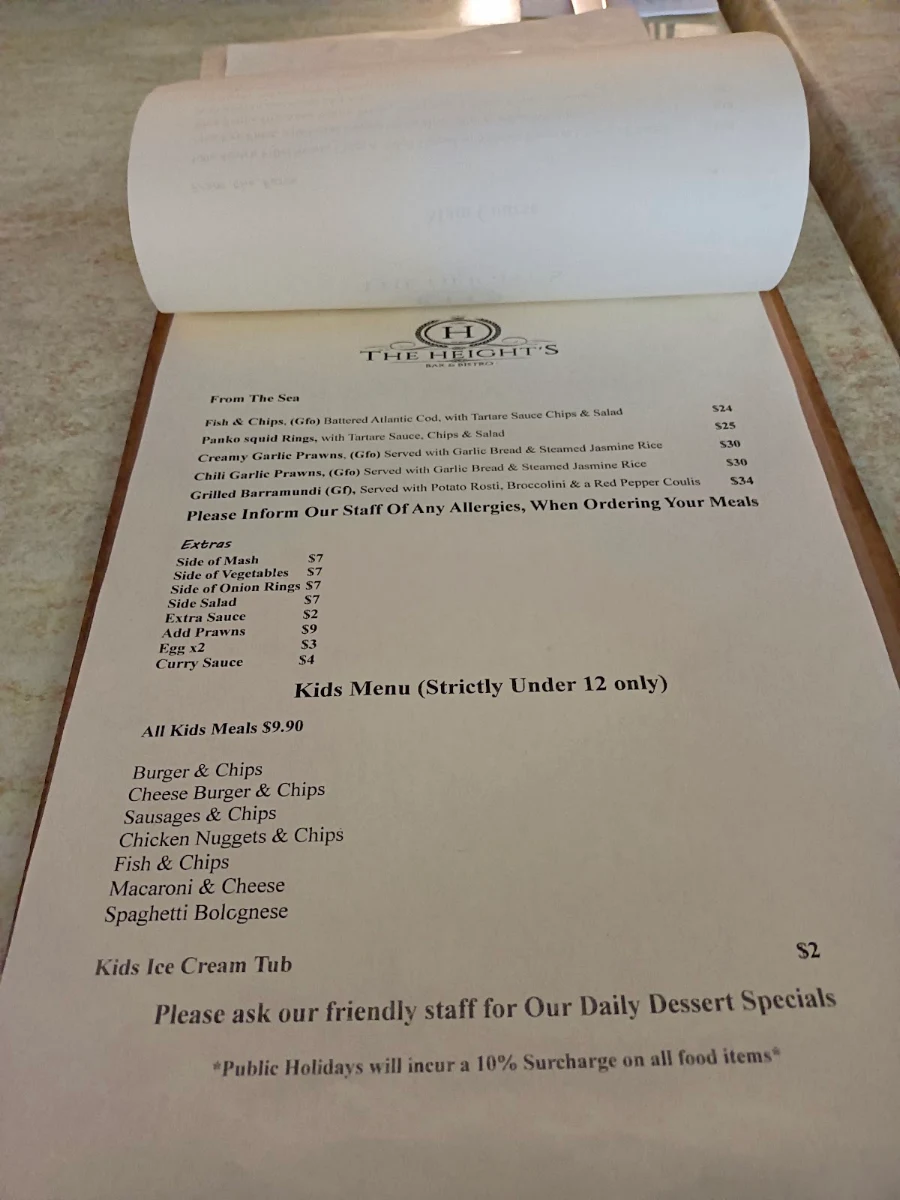 Menu, The Heights Bar & Bistro