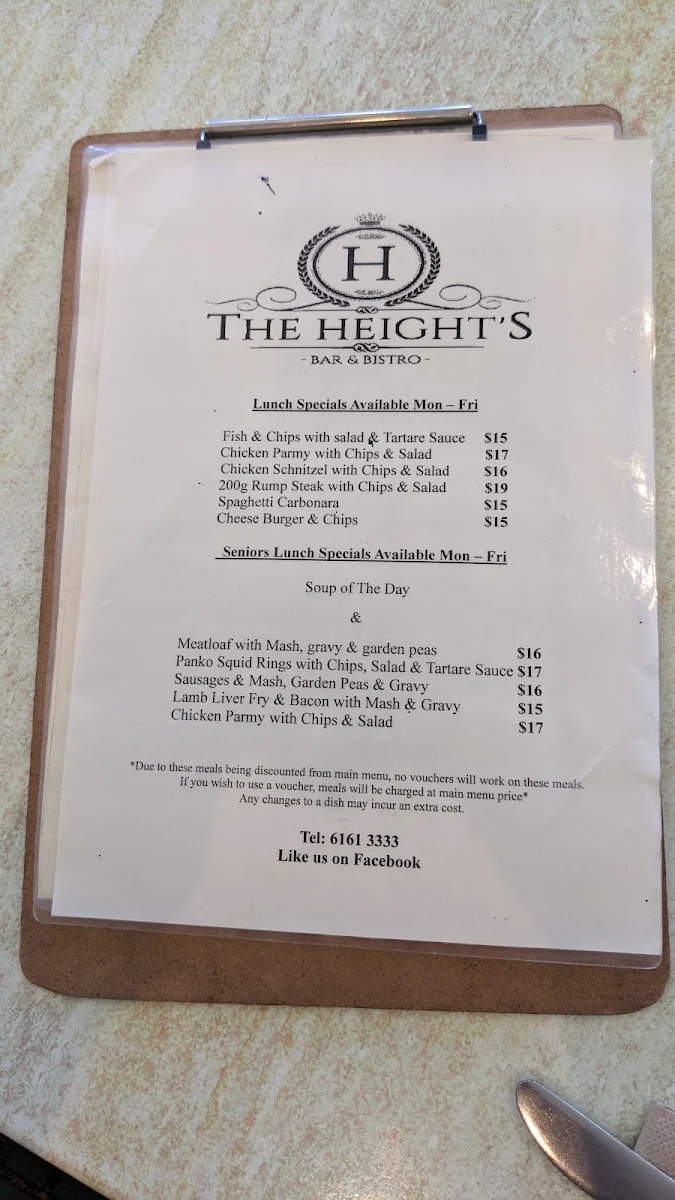 Menu, The Heights Bar & Bistro
