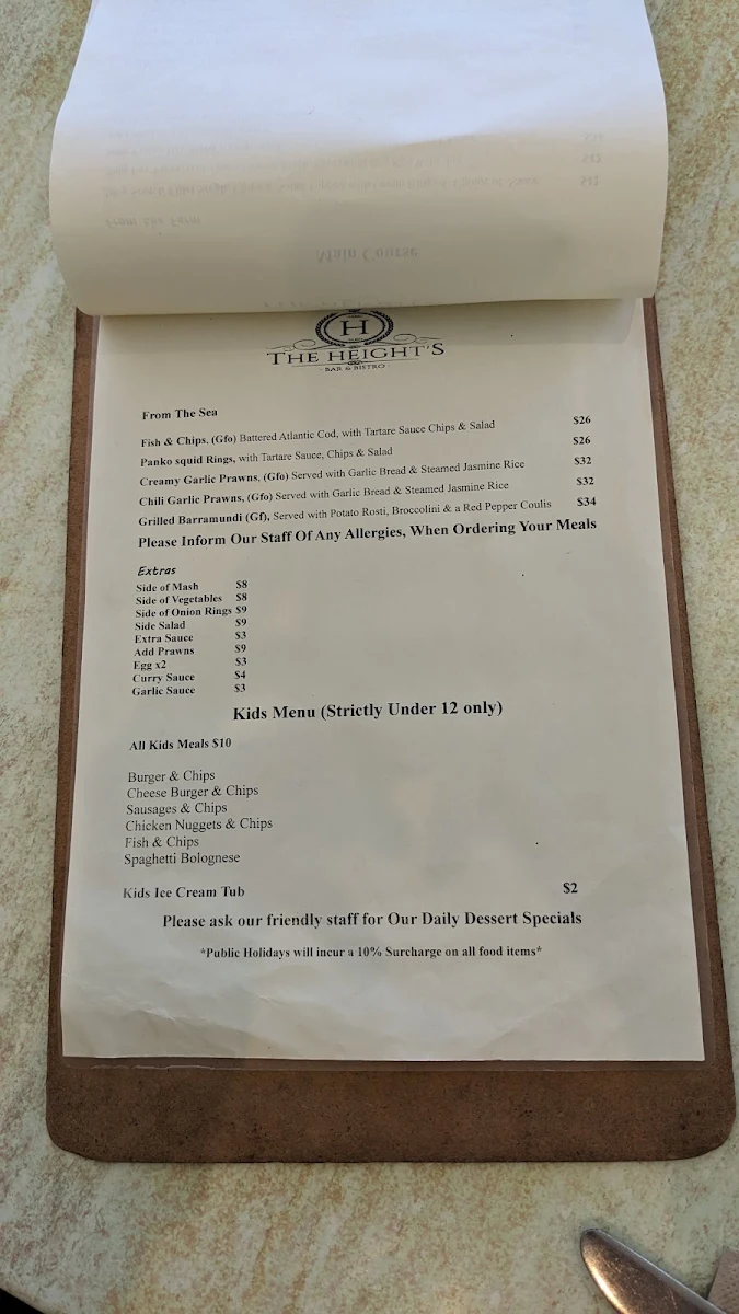 Menu, The Heights Bar & Bistro