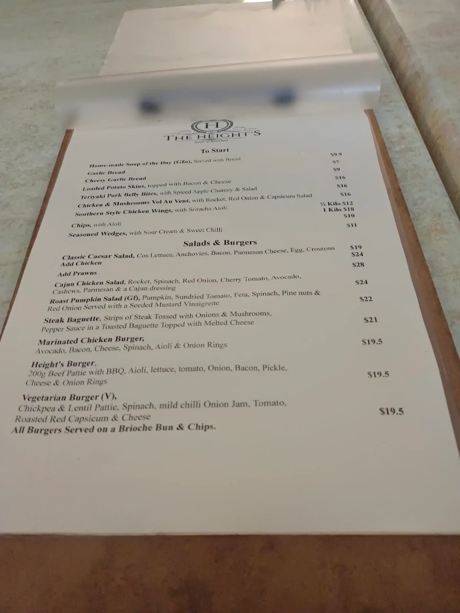 Menu, The Heights Bar & Bistro