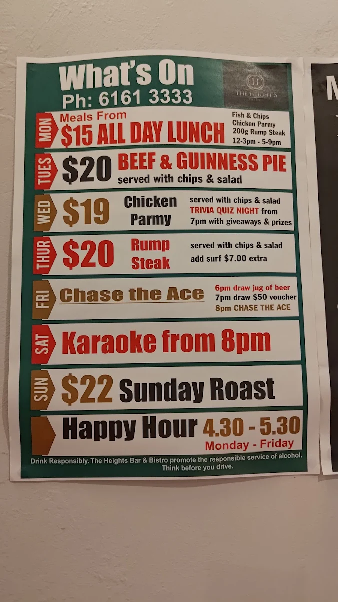 Menu, The Heights Bar & Bistro
